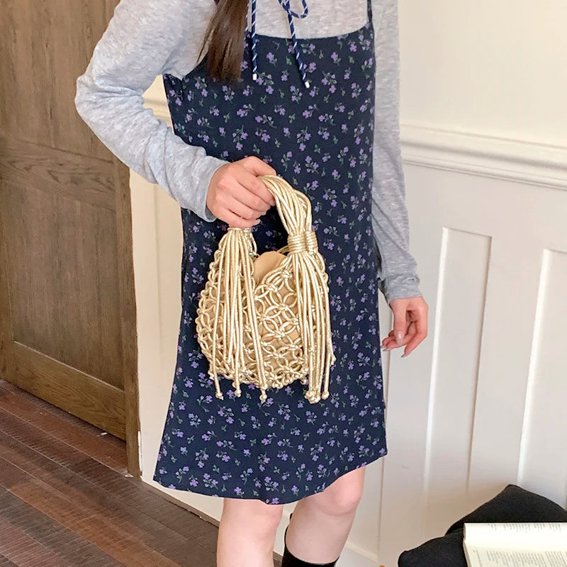 Woven Macrame Bucket Bag – Boho Tassel Handbag for Women