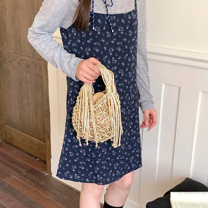 Woven Macrame Bucket Bag – Boho Tassel Handbag for Women