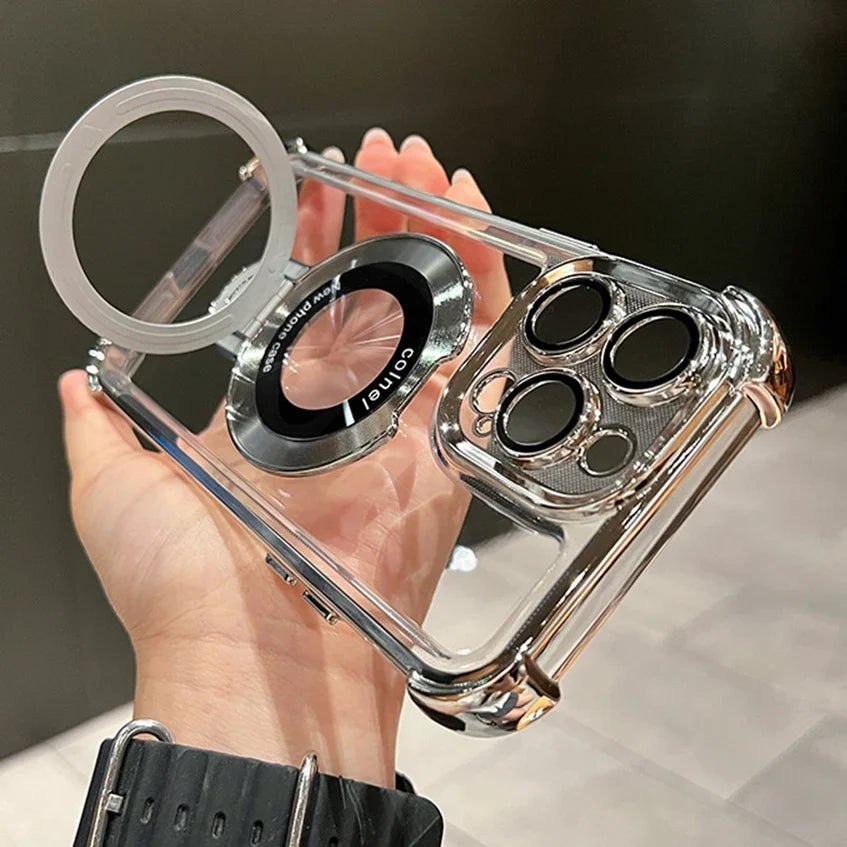 MagSafe Clear iPhone Case – Luxury Metal Plating Shockproof Magnetic Bracket
