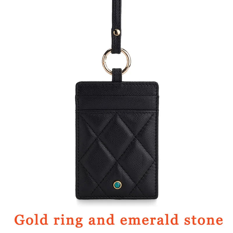 Hiram Beron Luxury Leather ID Card Holder with Neck Strap & Gemstone