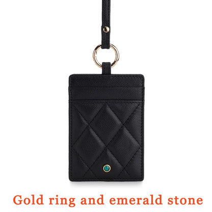 Hiram Beron Luxury Leather ID Card Holder with Neck Strap & Gemstone