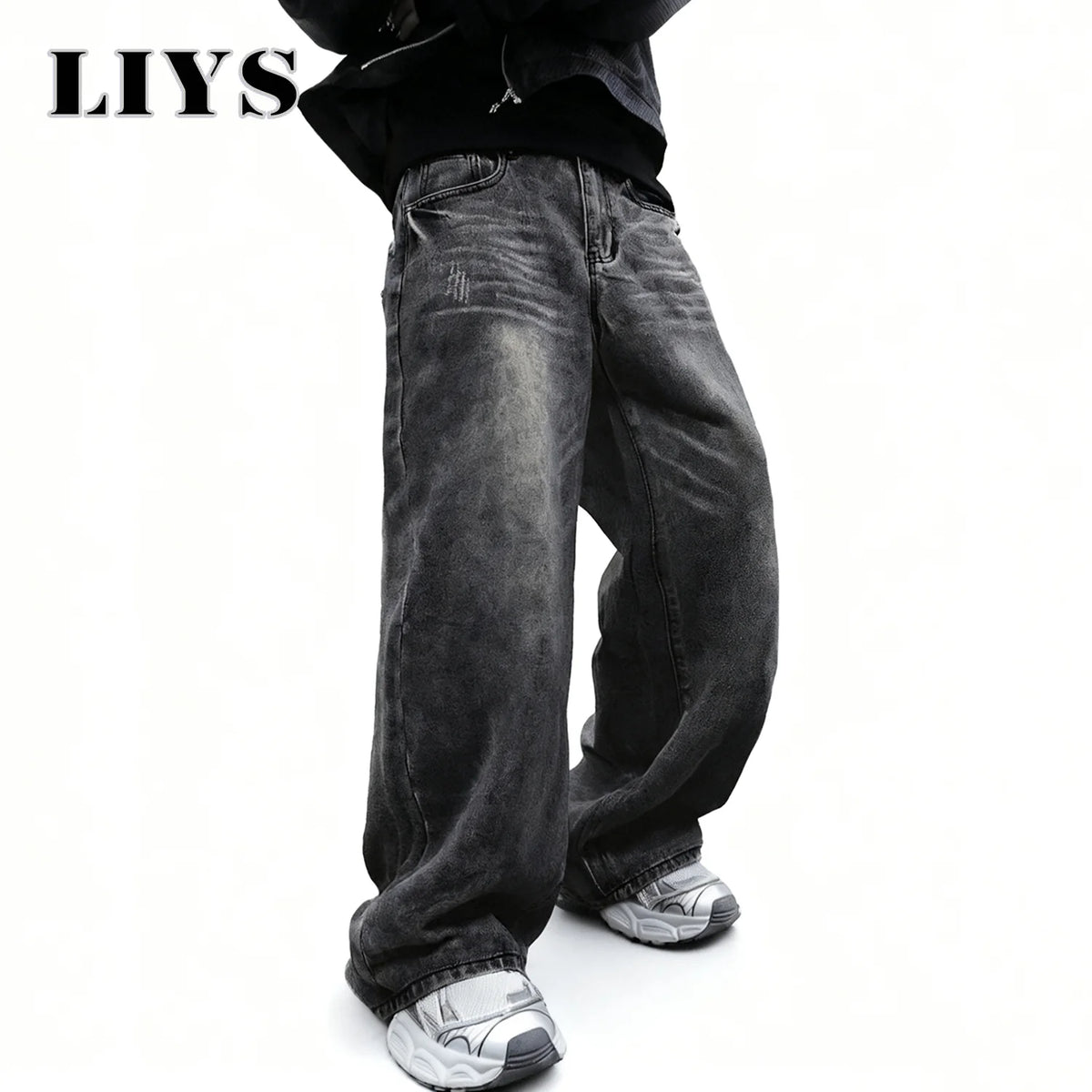 Baggy Wide-Leg Jeans Dark Gray – LIYS Unisex Retro Oversized Denim