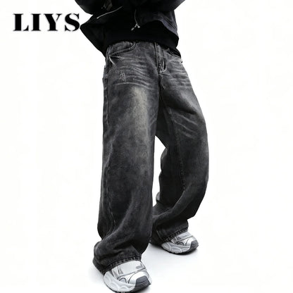 Baggy Wide-Leg Jeans Dark Gray – LIYS Unisex Retro Oversized Denim