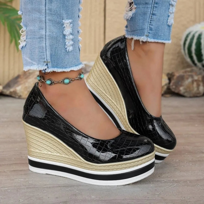 Round Toe Wedge Heels – Women's Patent Leather Pumps
