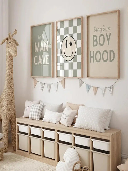 Sage Green Checkered Smiley Face Wall Art Poster | Nursery & Kids Room Canvas Print