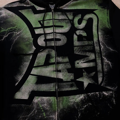 Green Tapout Graphic Zip Hoodie – Y2K Hip Hop Oversized Sweatshirt