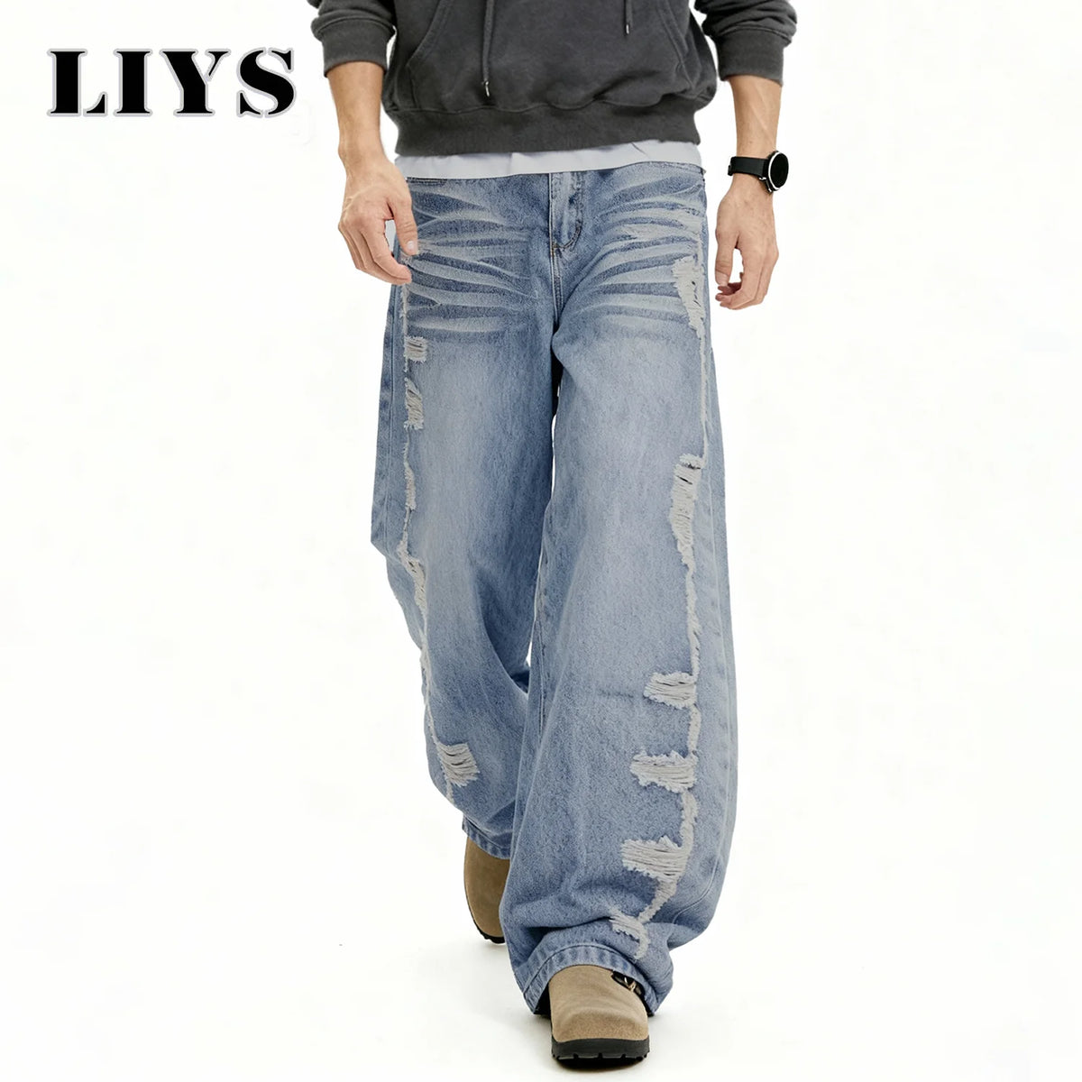Men S American Retro Street Blue Baggy Wide Leg Jeans Korean Side Ripped Loose Personalized Design