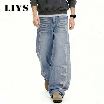 Men S American Retro Street Blue Baggy Wide Leg Jeans Korean Side Ripped Loose Personalized Design
