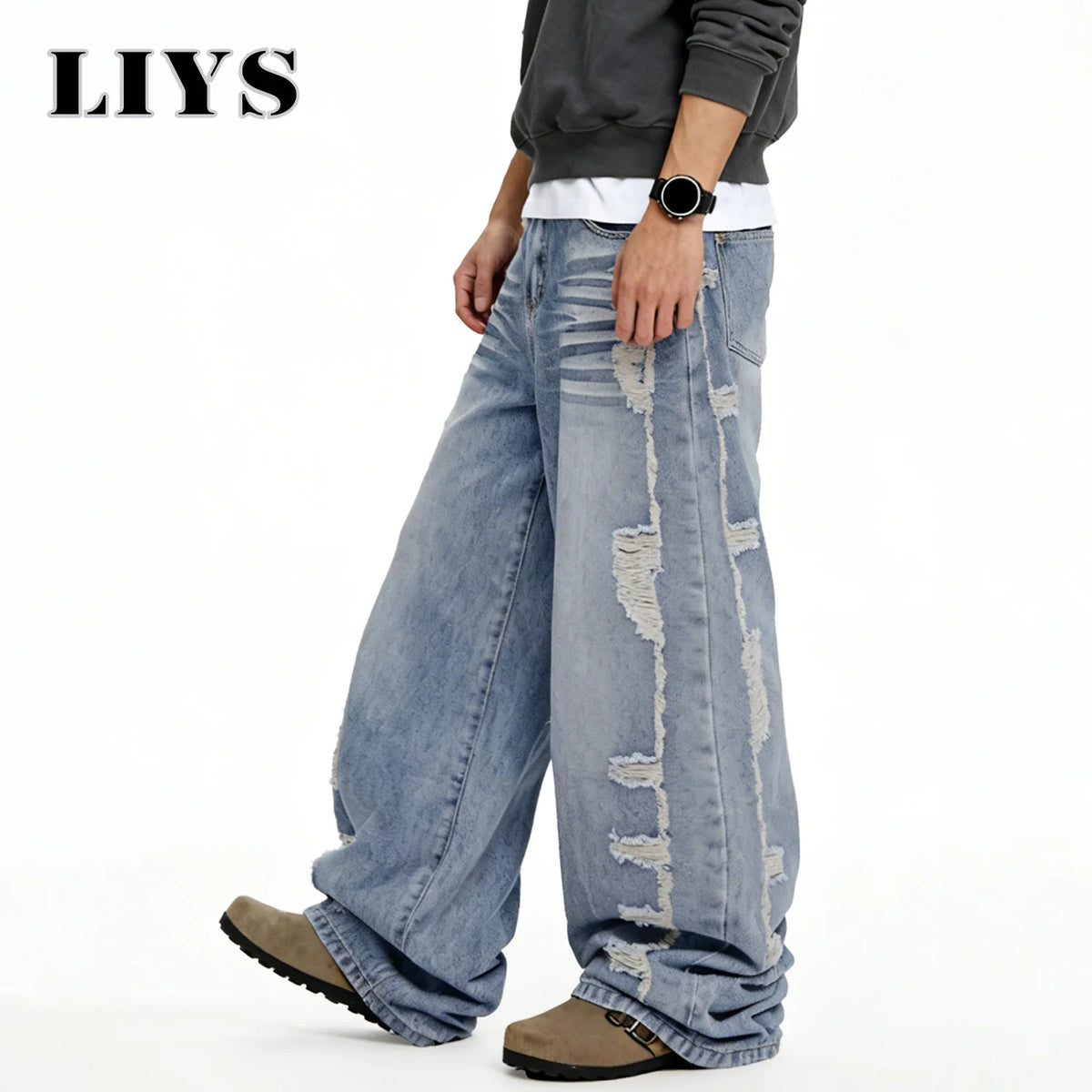 Men S American Retro Street Blue Baggy Wide Leg Jeans Korean Side Ripped Loose Personalized Design