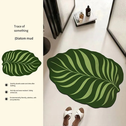 Green Leaf Shaped Bathroom Mat – Absorbent Anti-Slip Diatom Mud Floor Mat