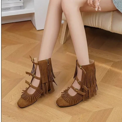 Simple Retro Tassel Western Boots Women Round Toe Height-Increasing Short Summer Cool