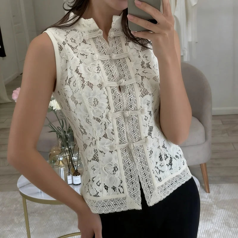 Sheer Lace Sleeveless Top – Mandarin Collar Frog Button