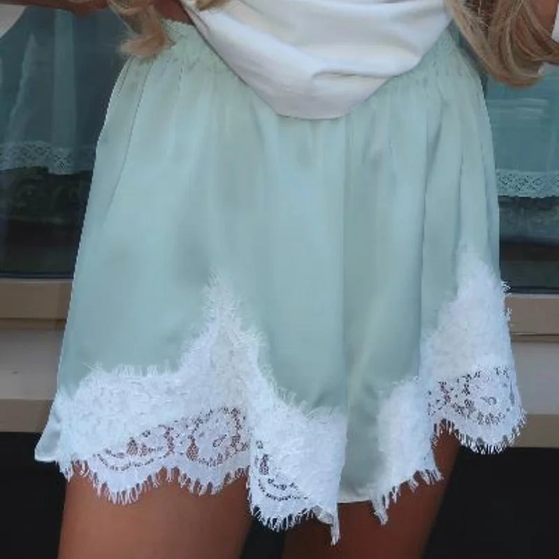 Satin Lace Trim Shorts – Women's Silky Low Rise Lounge PJ Bottoms