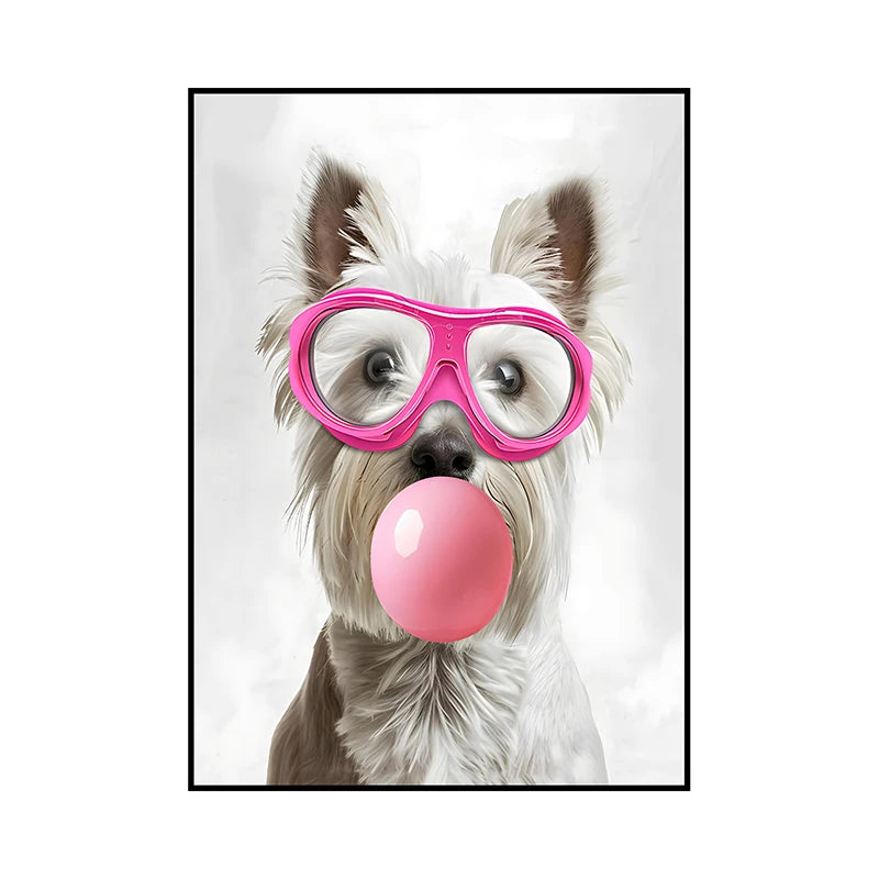 Funny Dog Bubble Gum Poster – Pomeranian with Pink Glasses Wall Art Print