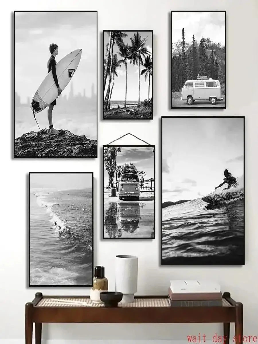 Beach Surf Wall Art Poster – Camper Van & Ocean Landscape