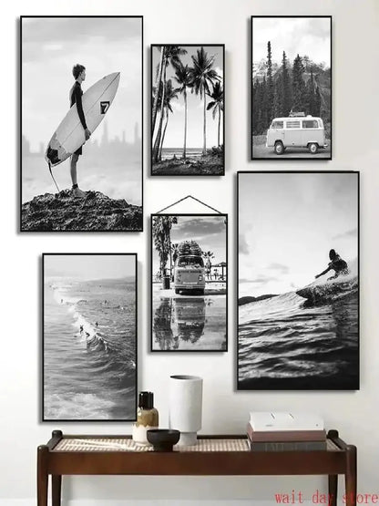 Beach Surf Wall Art Poster – Camper Van & Ocean Landscape