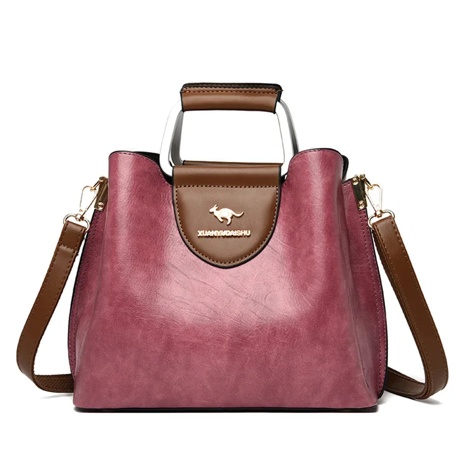 Luxury Oil Skin Leather Tote Bag for Women – 3-Layer Shoulder Handbag