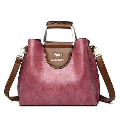 Luxury Oil Skin Leather Tote Bag for Women – 3-Layer Shoulder Handbag