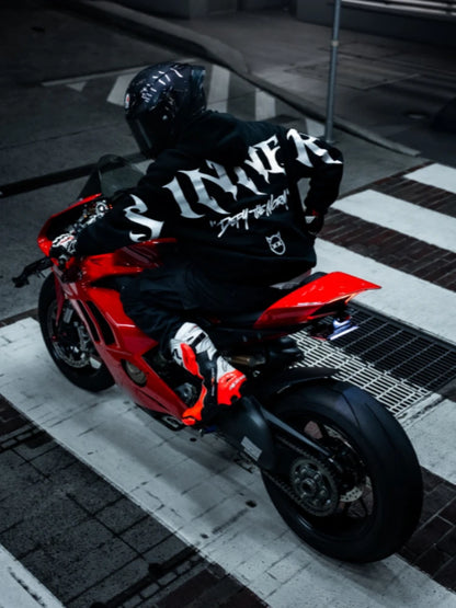 Mens Gothic Sinner Defy Moon Print Oversized Hoodie Black Streetwear Motorcycle Riding Casual