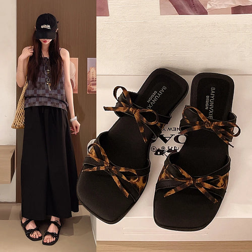 Women's Bow Mule Sandals – Square Toe Breathable Slip-On