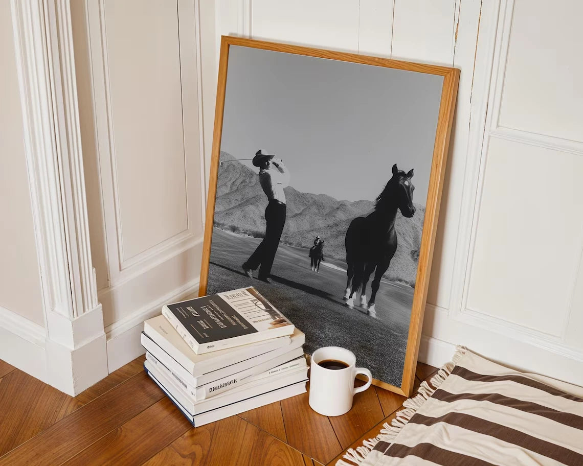 Vintage Cowboy Golf Poster – Retro Black & White Western Wall Art Print