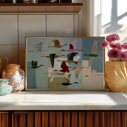Colorful Flying Birds Wall Art Print Folk Crane Poster