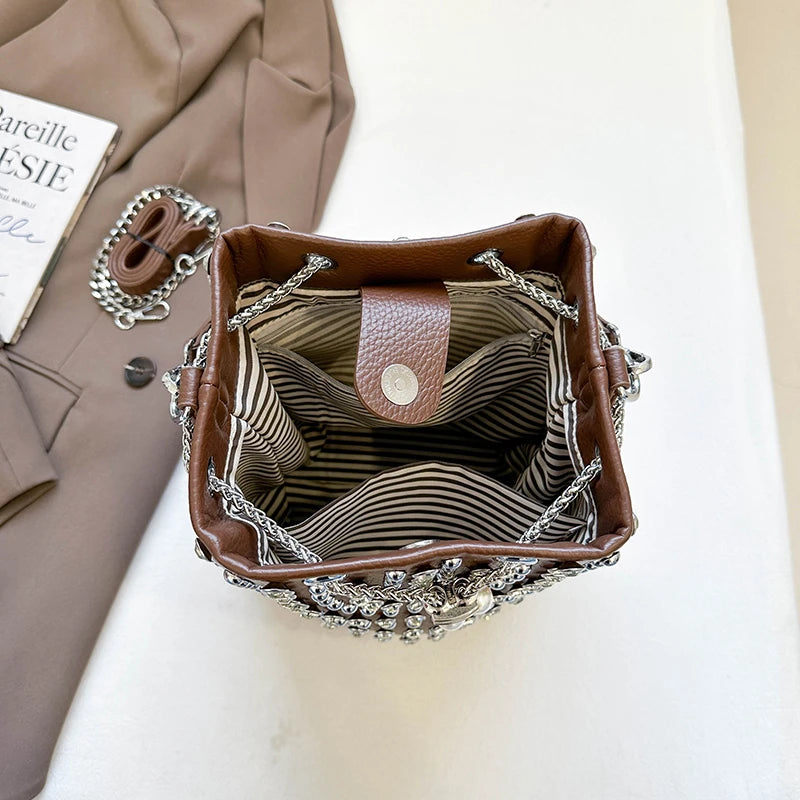 Studded Bucket Bag with Pearl Charm Drawstring Punk Rock Leather Shoulder Bag