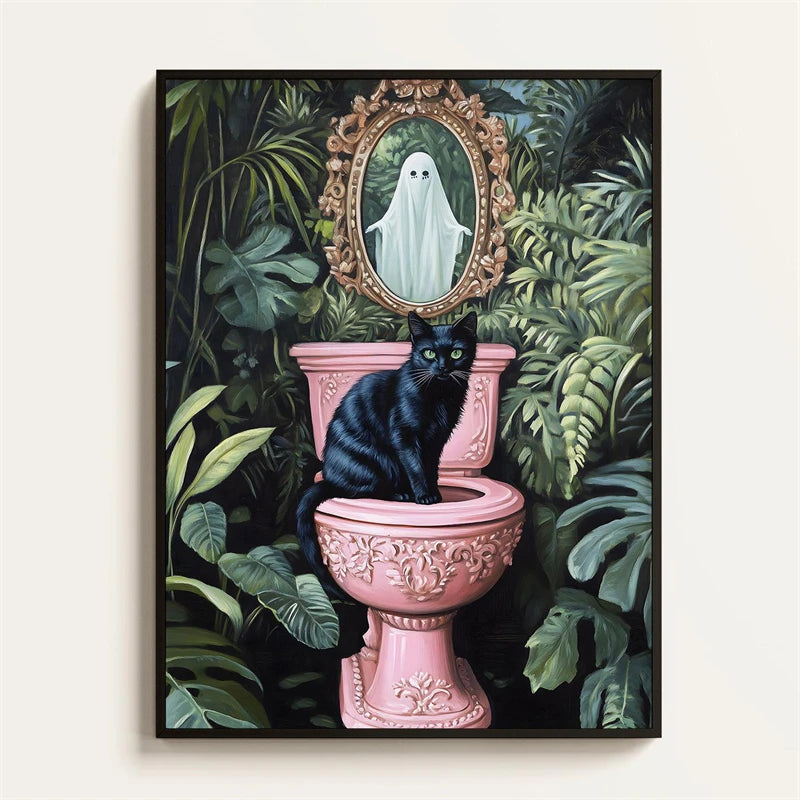 Black Cat Reading Newspaper Bathroom Poster – Funny Wall Art Print
