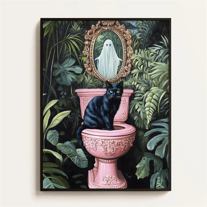Black Cat Reading Newspaper Bathroom Poster – Funny Wall Art Print