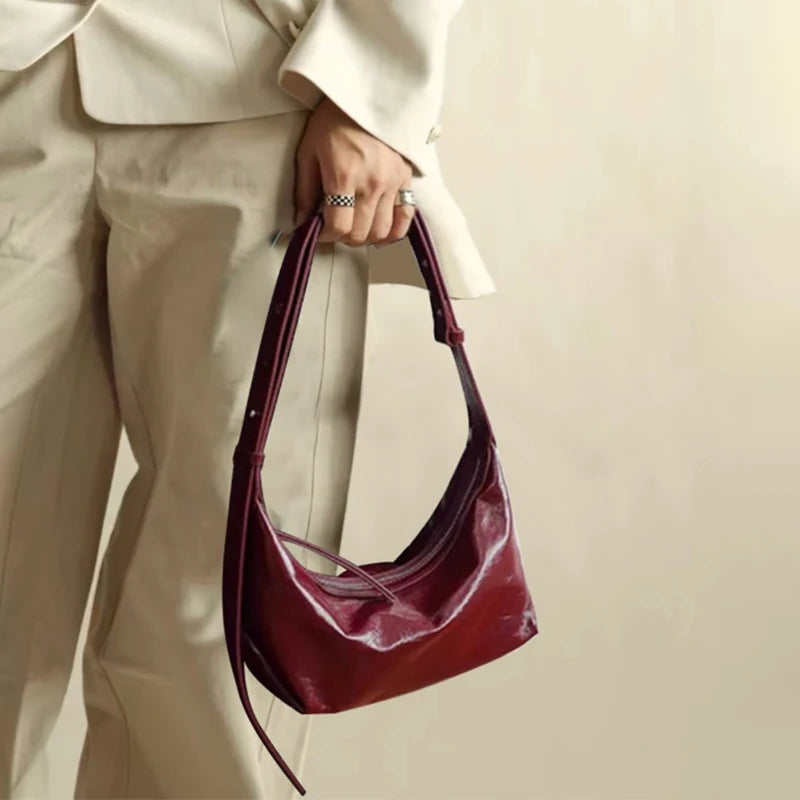 Burgundy Genuine Cowhide Leather Underarm Bag