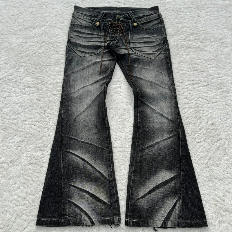 Claw Mark Flare Jeans – Y2K Gothic Lace-Up Double Waist Distressed Denim