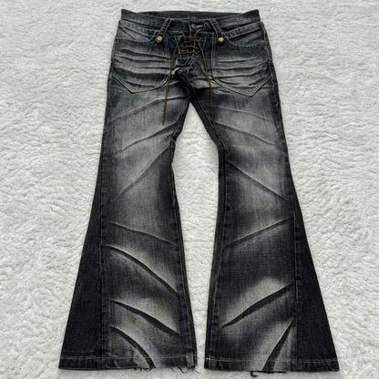 Claw Mark Flare Jeans – Y2K Gothic Lace-Up Double Waist Distressed Denim