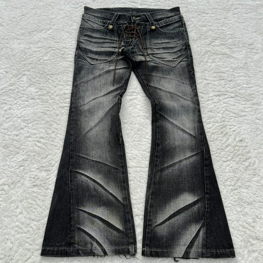 Claw Mark Flare Jeans – Y2K Gothic Lace-Up Double Waist Distressed Denim