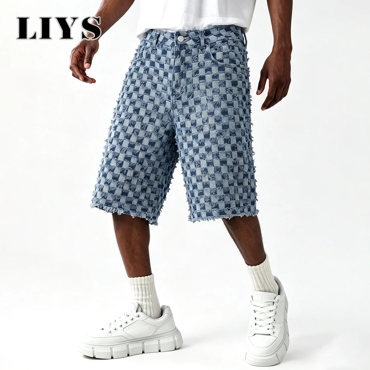 Men's Checkerboard Fringe Denim Shorts – Loose Wide Leg