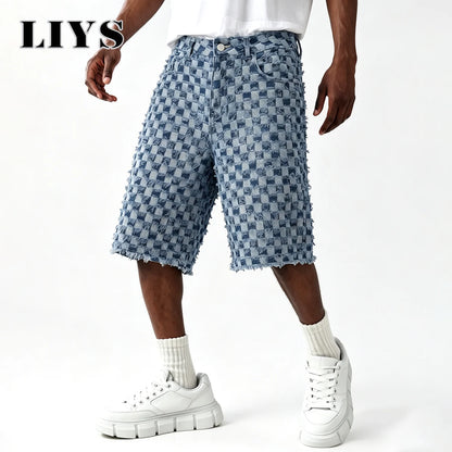 Men's Checkerboard Fringe Denim Shorts – Loose Wide Leg