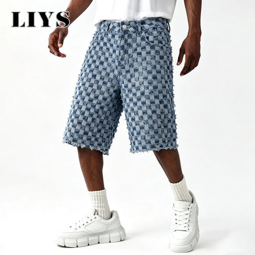 Men's Checkerboard Fringe Denim Shorts – Loose Wide Leg