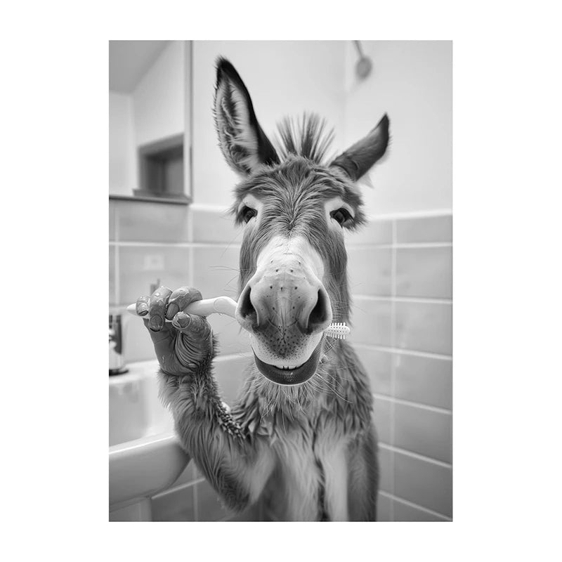Funny Animal Bathroom Wall Art Poster – Black & White Vintage Print