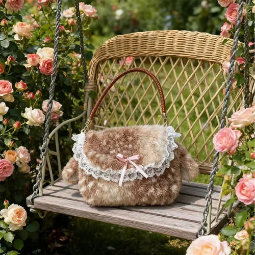 Women Plush Deer Spotted Handbag