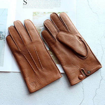 Men S Real Leather Deerskin Wrist Button Winter Warm Driving Short Gloves Outdoor