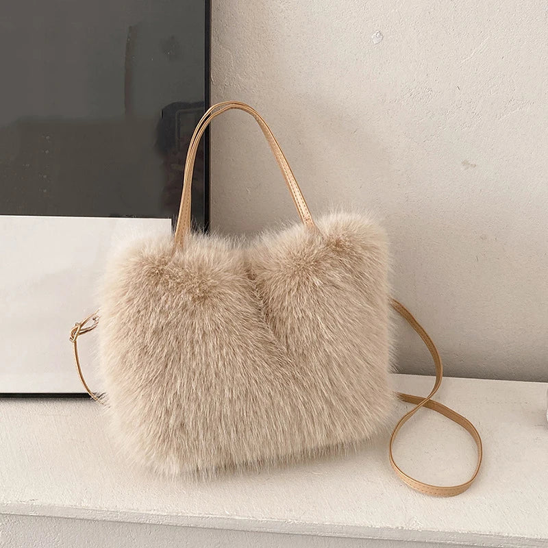 Faux Fur Tote Bag Women's Bucket Plush Luxury Design Ladies Handbags