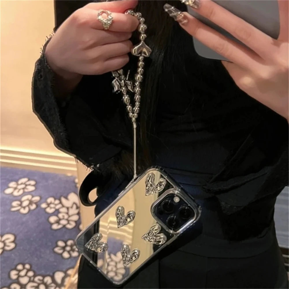 3D Heart Mirror iPhone Case with Silver Bracelet Chain