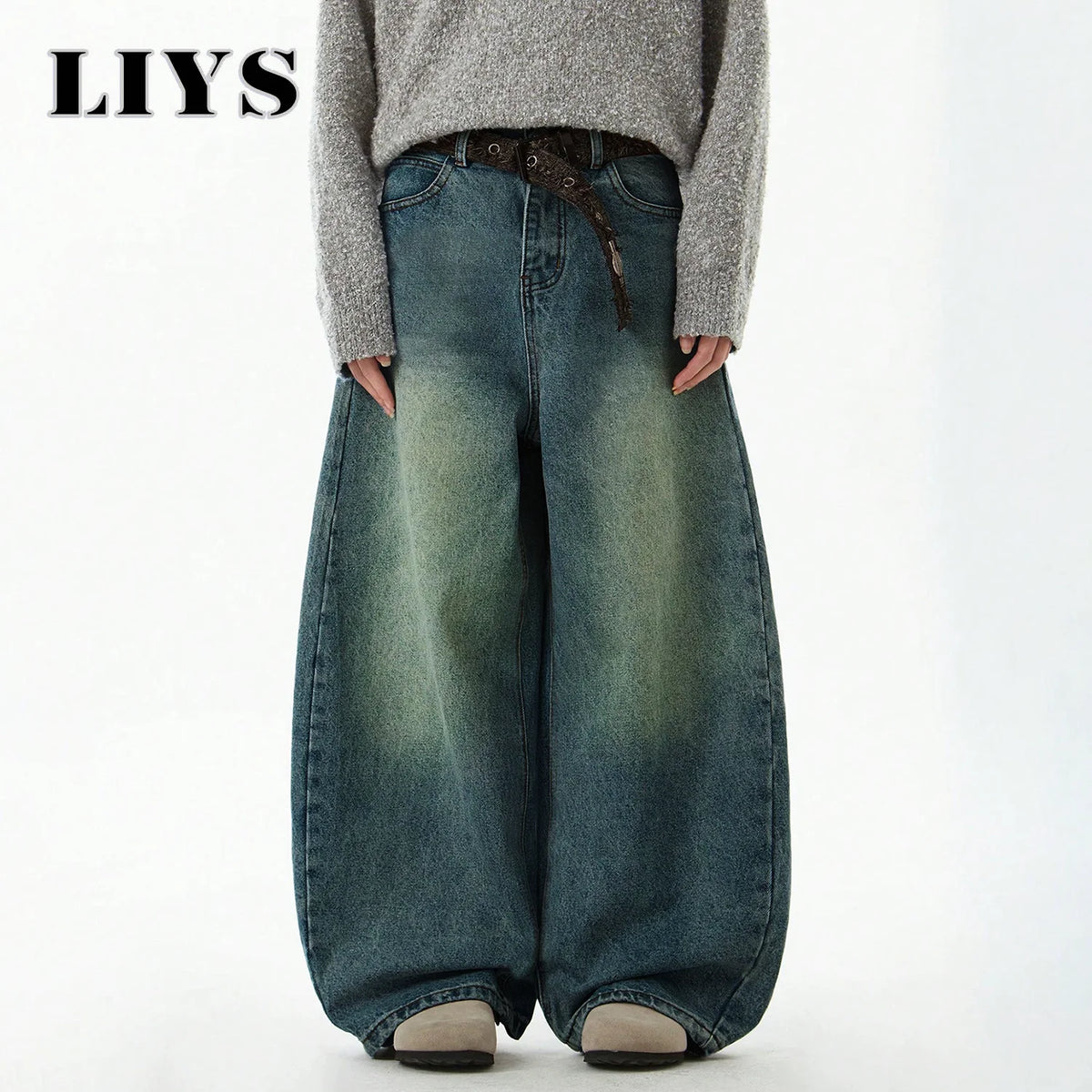 Men S Wear Blue Wide-Leg Denim Pants Baggy Jeans Vintage Three-Dimensional Cut Curved Knife Loose