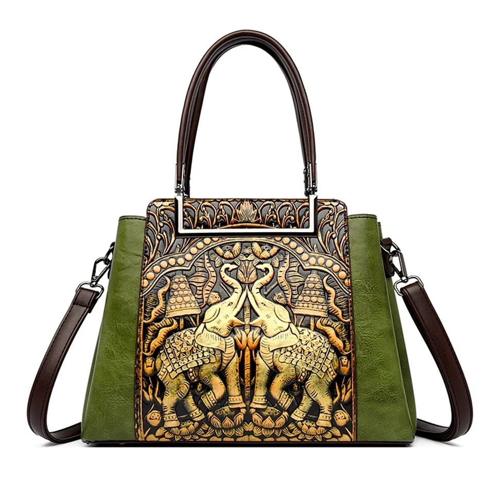 Vintage Embossed Handmade Handbag Women Versatile Pu Leather Shoulder Bag 3 Layers Large Capacity