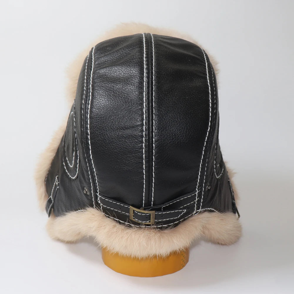 Winter Ushanka Trapper Hat with Rabbit Fur & Leather Earflaps