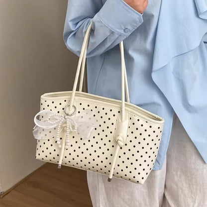Korean Style Polka Dot For Women Elegant Underarm Bag With Pearl Bow