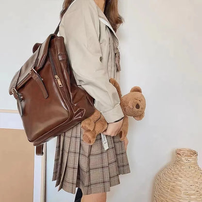 Vintage Brown Backpacks Women High Street Preppy Style Pu Leather