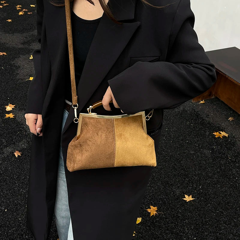 Suede Frame Bag with Wooden Handle for Women – Vintage Retro