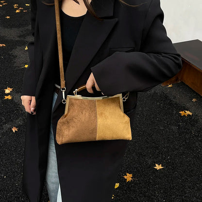 Suede Frame Bag with Wooden Handle for Women – Vintage Retro
