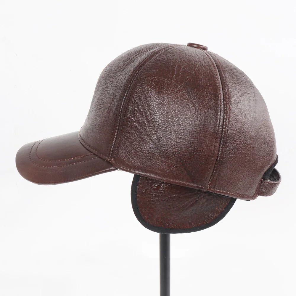 Men's Genuine Leather Baseball Cap with Earflaps