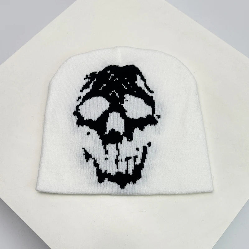 Skull Print Knit Beanie – Color Block Warm Winter Hat Punk Style